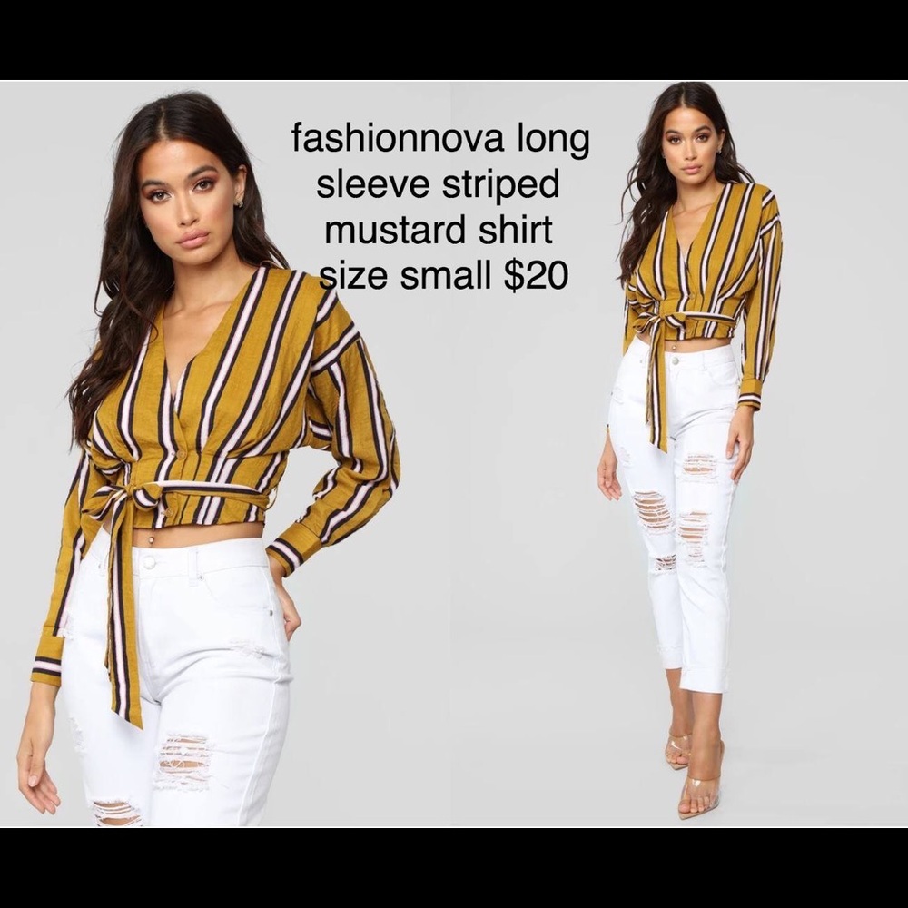 Fashionnova long sleeve mustard striped crop top